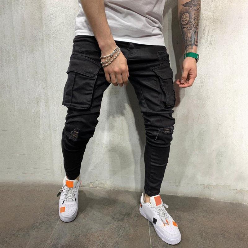 

Jeans Men Cargo Pants Black Jeans Skinny Ripped Destroyed Stretch Hip Hop Slim Trousers Casual Pants Pocket Denim1