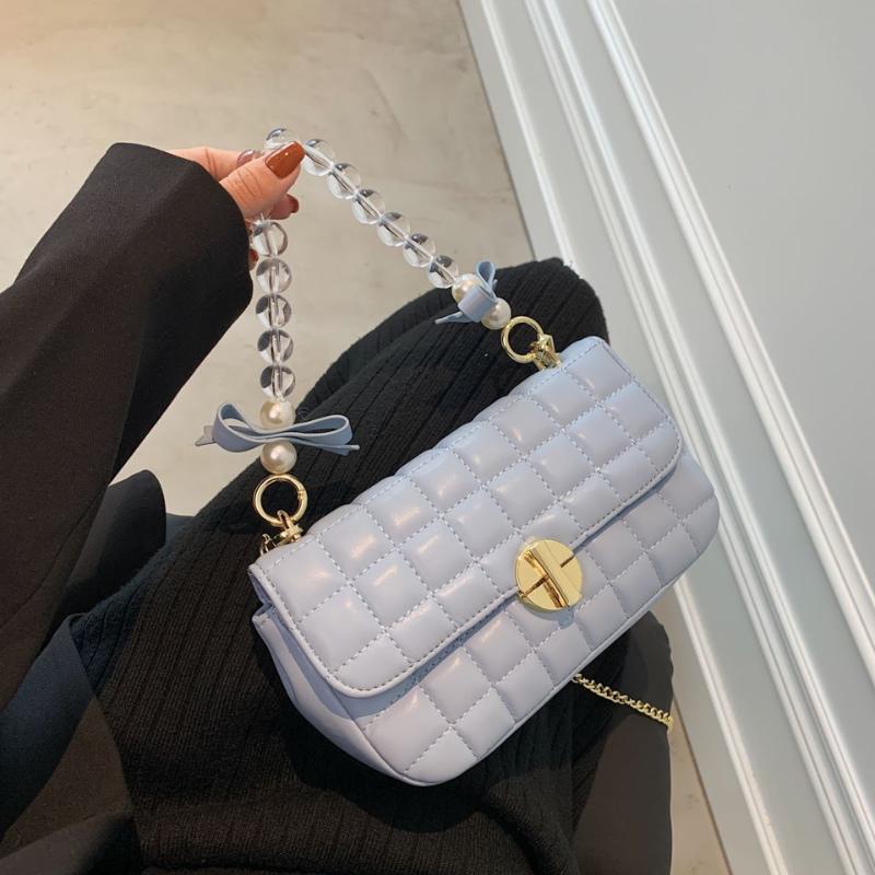 

Evening Bags Sweet Bowknot PU Leather Handbag 2022 Fashion Pearl Handle Chain Shoulder Lattice Crossbody For Women