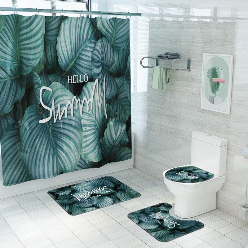 

Summer Fresh Green BathroomToilet Floor Mat Shower Room Non Slip Area Carpet Rugs Toilet Mat Bathroom Carpet Shower Curtain Set1