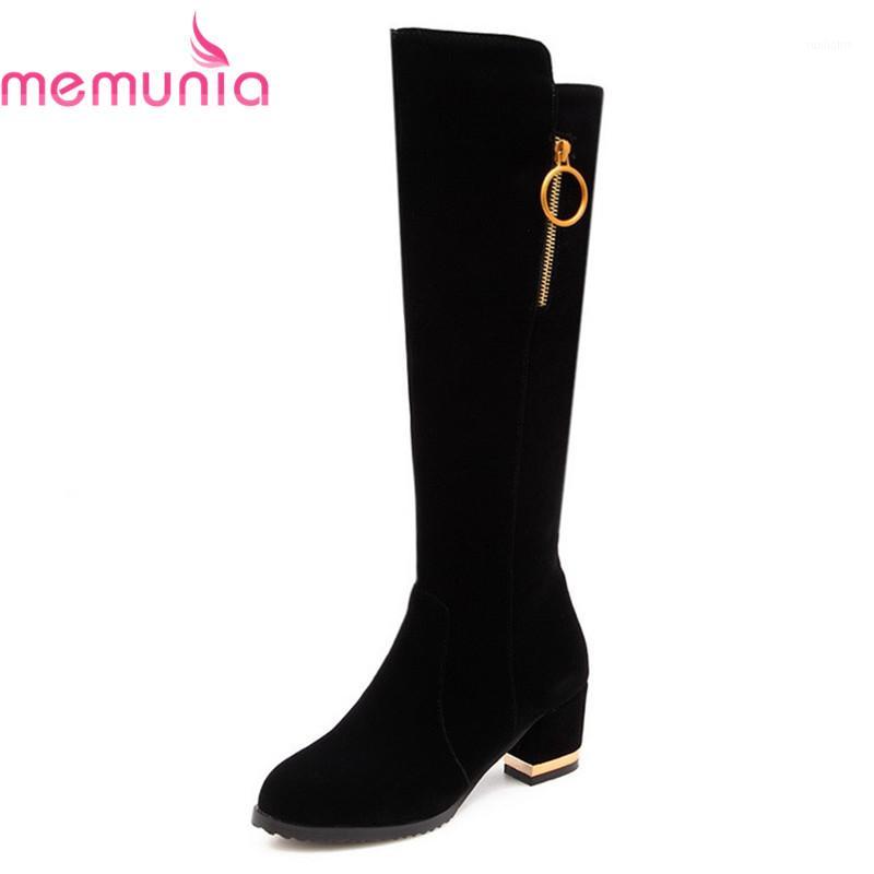 

MEMUNIA NEW arrival knee high boots womens 2020 black flock winter boots metal decoration round toe thick heels long1