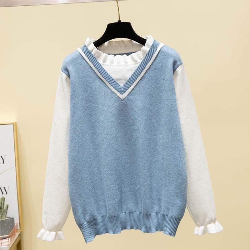 

Plus Size Women Clothing O Neck Pullover Fake Two Sweaters Autumn Winter New 2020 Tops Black Blue Fashion Elegant Sweater 4XXL