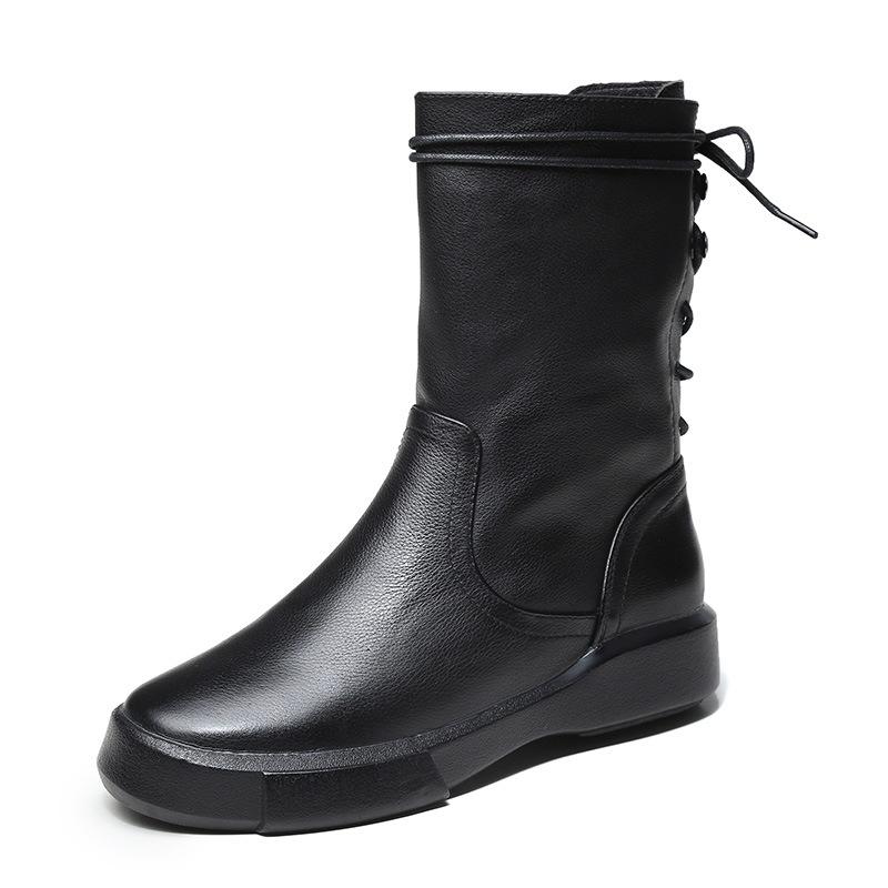 

2020 women's boots winter plus velvet side zipper two cotton mid-tube boots female leather retro flat cotton, Black plus velvet