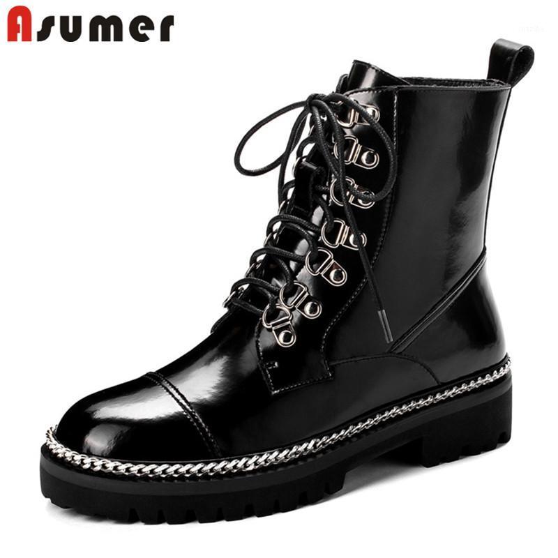 

Asumer 2020 hot fashion ankle boots women genuine leather chain low heels punk shoes autumn winter Motorcycle Boots woman1, Black not fur
