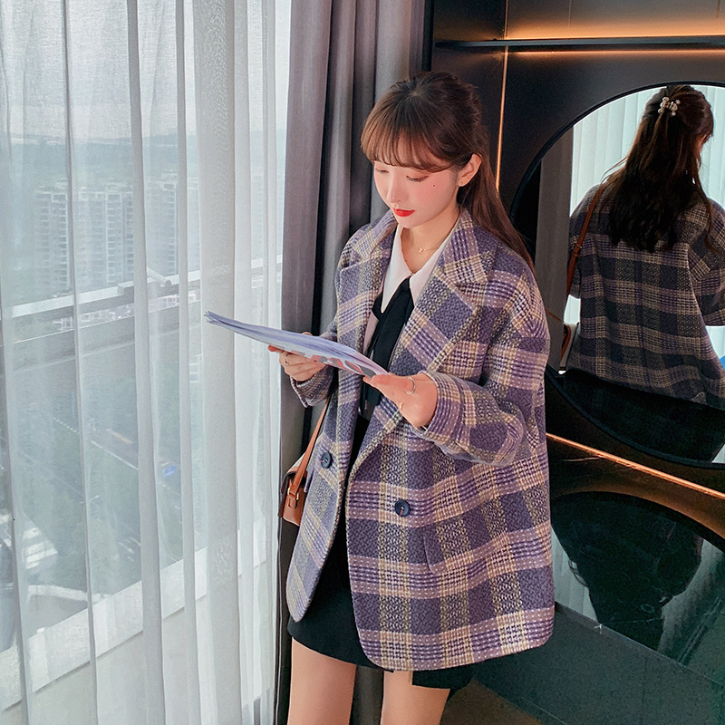 

2021 New Wool coat for women autumn Korean style double lapel breasted tweed purple suit casual splicing plaid jacket ECQK, Picture color