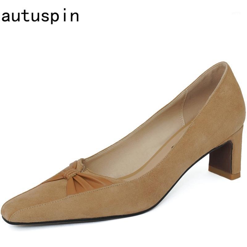 

autuspin Concise Women Thick Heels Shoes Spring Summer Genuine Leather Suede Pumps Fashion Elegant Female Party Working Footwear1, Black