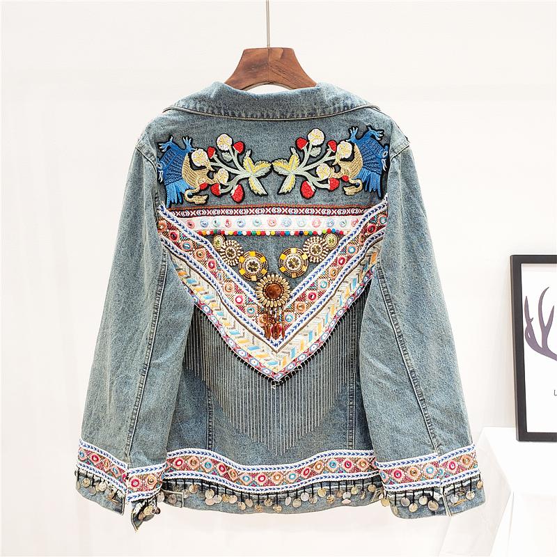 

2020 New Denim Jacket Woman Boho Embroidery Light Blue Loose Denim Coat Woman Vintage Chic Chains Jacket Female Spring Summer