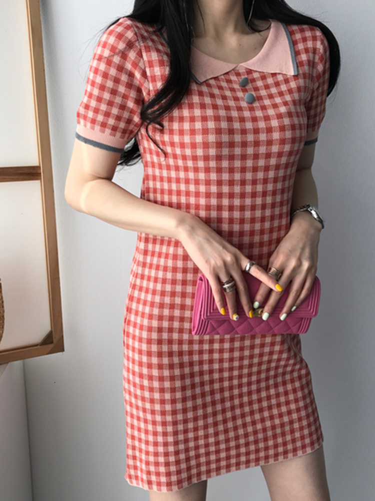 

New Spring Chess Impression of Vintage Knitted or Crocheted Short Sleeves Mini Women's Casual Dresses Sweet Dress Party Giry, Pink.