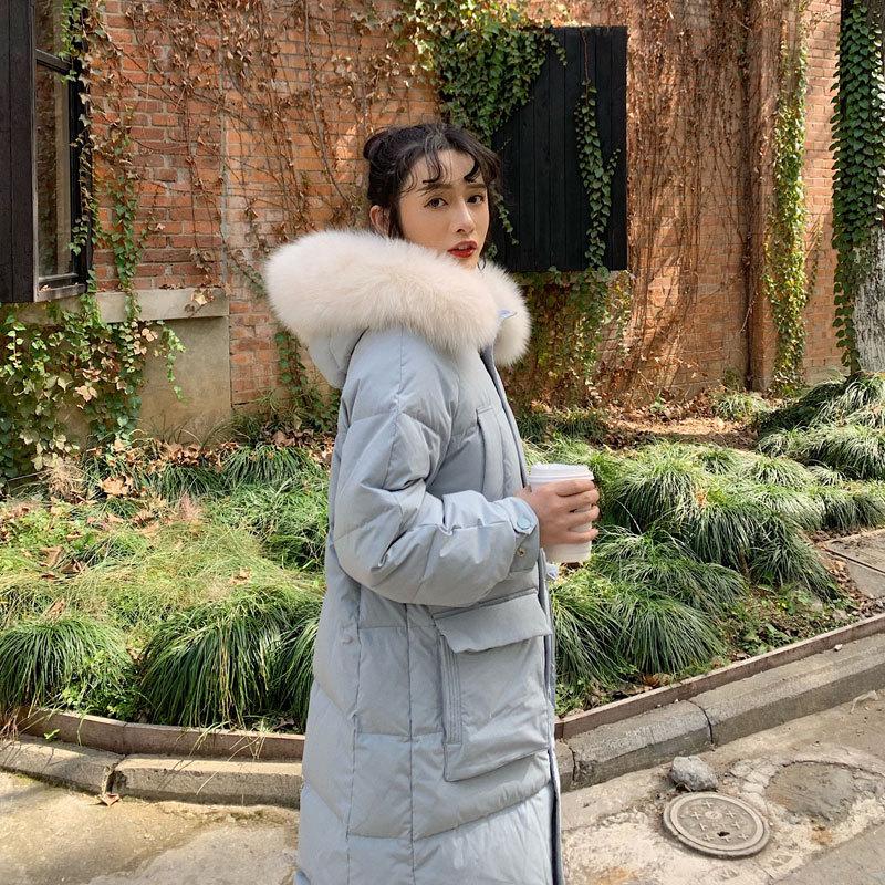

2020 Winter New Style Long Over-the-knee Blue Down Jacket Women Loose and Thick Big Fur Collar White Duck Down Fashion Jacket