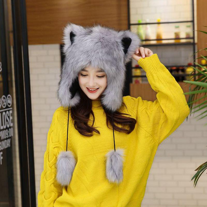 

Faux Fur Hats Women Modeling Hat Woman Hat Cotton Beanie Caps Winter Lace up Knitted Cap White Gray