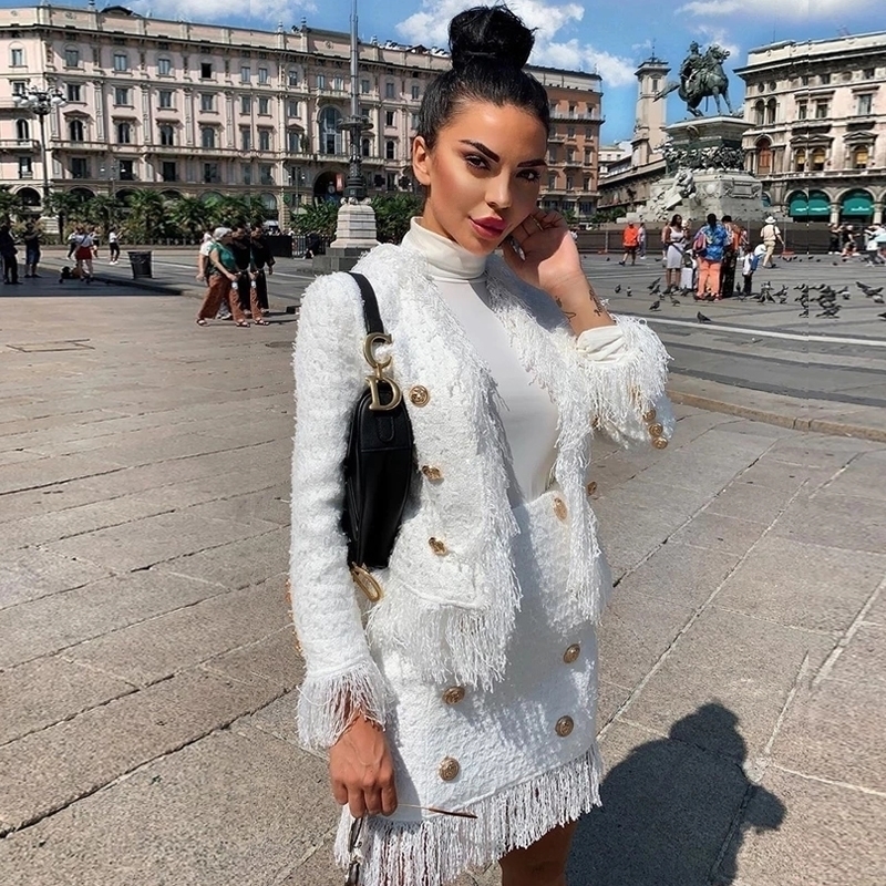 

White Tweed Jacket suits Women New Autumn Winter woolen Cloth Fringed Tassel Long Sleeve Office Ladies Womens Jackets Coat 201031, Skirt