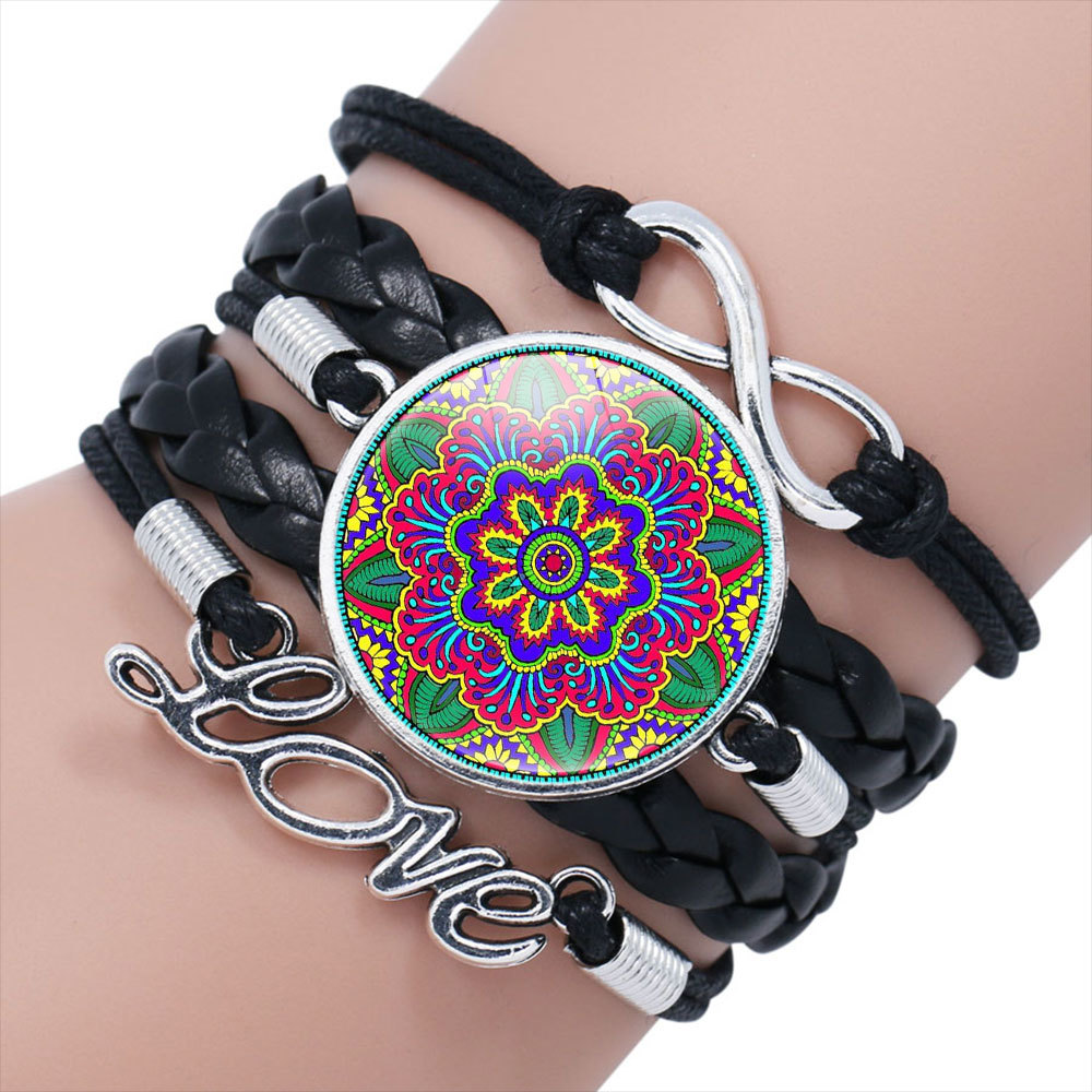 

Mandola Flower Buddhism Zen Glass Cabochon Love Charm Leather Wrap Bracelets & Bangles for Women Men Gift Bracelet