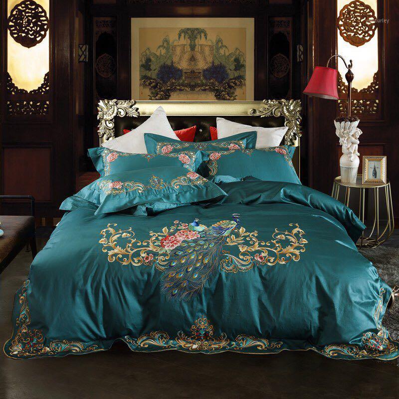 

Chic Embroidery Peacock Floral Duvet Cover Egyptian Cotton Dark Green and Red Bedding set with Bed Sheet Pillowcases1, Color 2