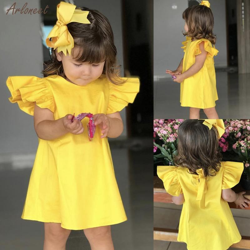

Baby Girls Clothes Summer Baby Dress Sleeve Newborn Infant Dresses Solid Color Bow Dress Kids Girl Clothes 27, Yellow