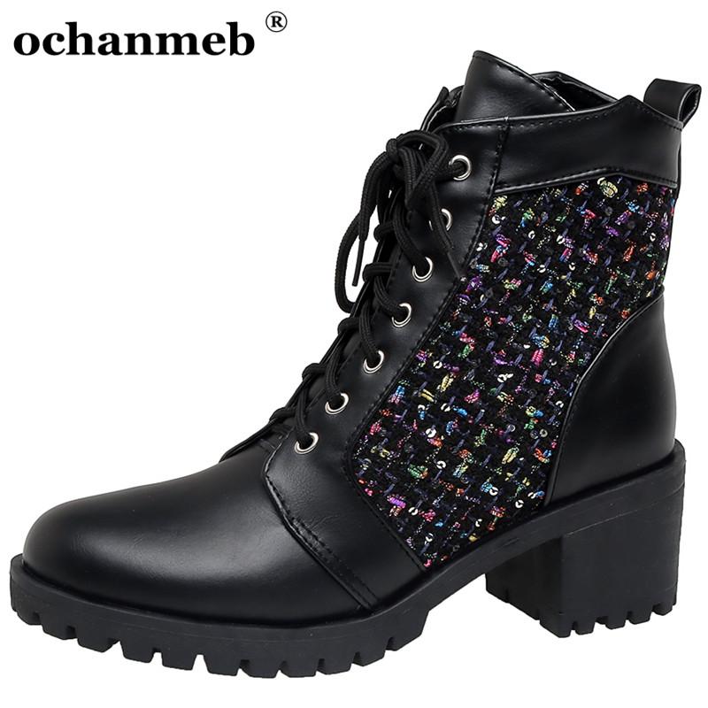 

2021 Female Thick Square Chunky Block Heels Motorcycle Boots Women Big Size 45 Lace up Combat Boot Tweed Shoes for Lady, Black