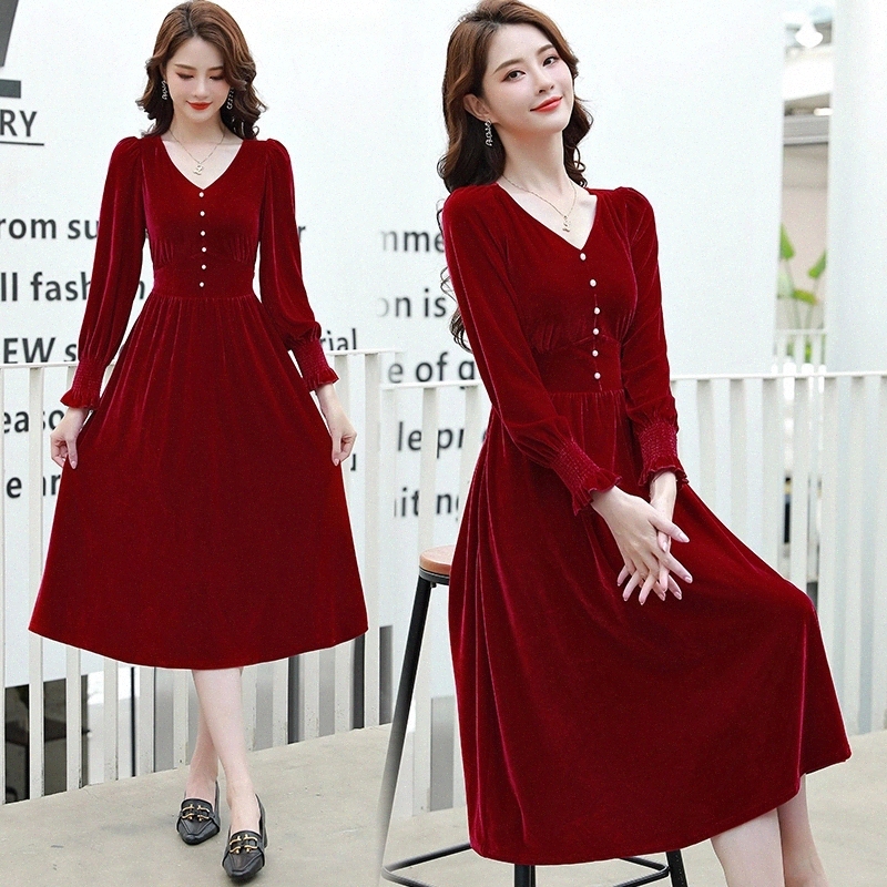 

JXMYY Fall 2020 fashion new arrival Hepburn style gold velvet dress French retro knee-length long sleeve dress #Pw57, Black;gray