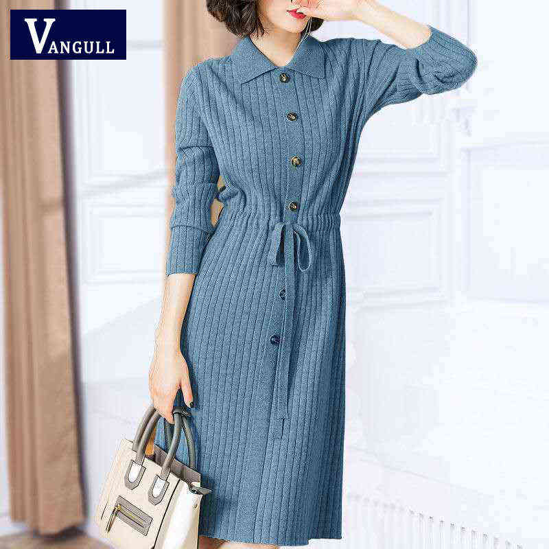 

Vangull Women Knitted Dresses Solid Female Long Sleeve Dress 2021 New Autumn Winter Turn-down Collar Button Solid Slim Dresses G1223, Navy blue