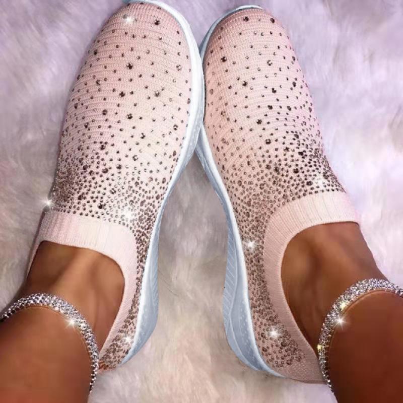 

Women's Ladies Ankle Shoes Loafers Crystal Fashion Bling Sneakers Casual Ladies Slip On Breathable Casual Shoes, White