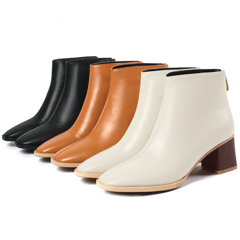 

2021 New Spring Women's Shoes Warm Woman Genuine Cow Plus Size Short Boots Classic Solid Three Colors 1TAV, Beige