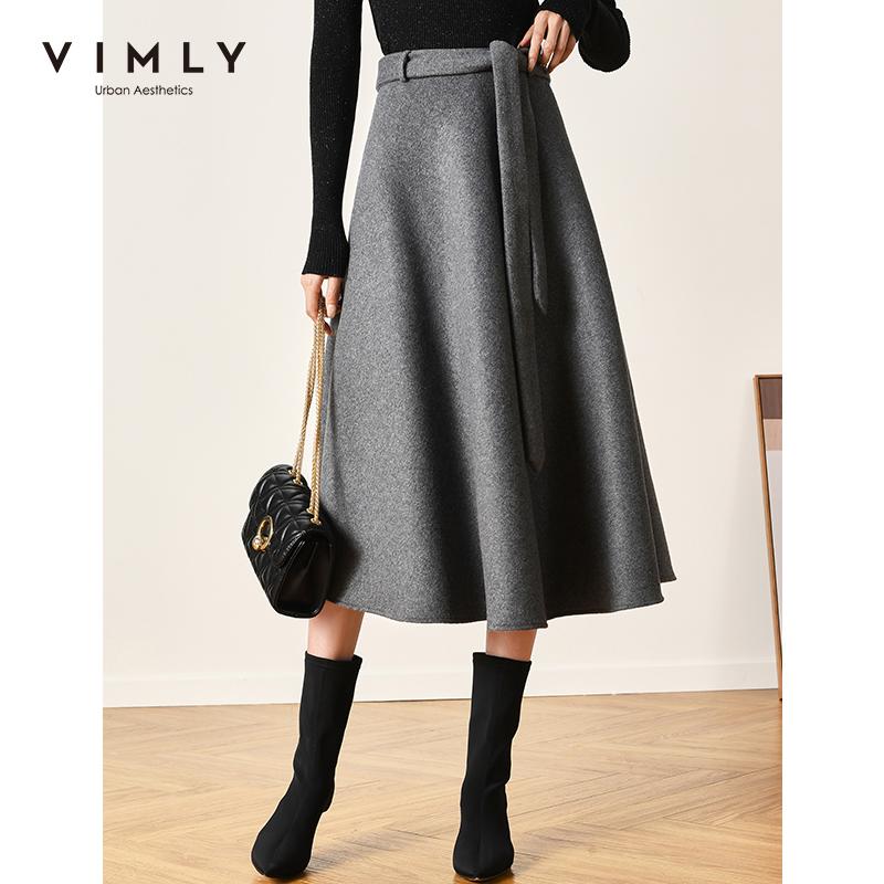 

Vimly Elegant Wool Skirts For Women Winter High Waist Slim Solid A Line With Belt Vintage Bottoms Female Mid Calf Skirt F3520, Grey