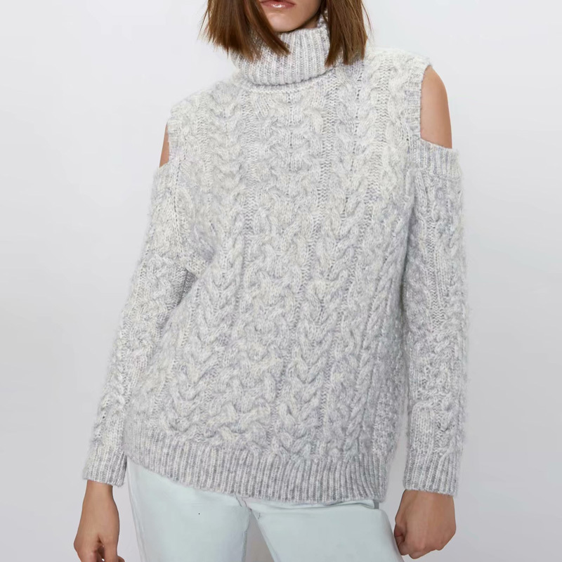 

2021 Autumn Winter Women Off Shoulder Knitted Sweater New Solid High Neck Plus Size Long Sleeve Pullovers Knitting Jumper Zlb4
