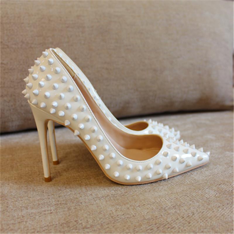 

2021 Fashion free shipping women spikes white Patent Leather Poined Toe Stiletto high heel pump HIGH-HEELED SHOES Wedding Shoes, 12cm