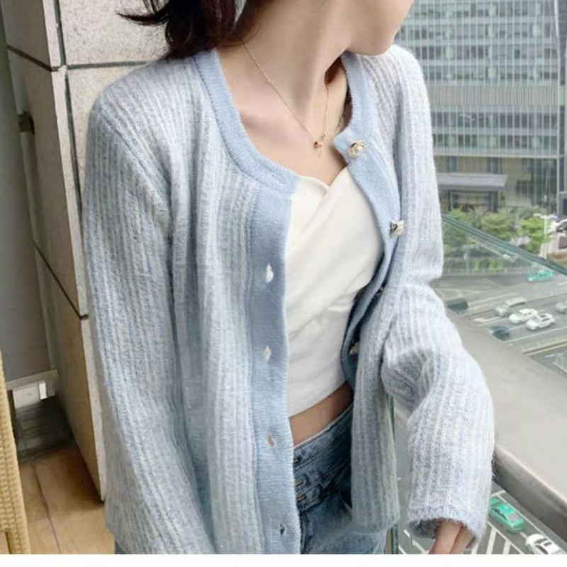 

2021 New Light Cardigan Women French Knitted Harajuku Casual Vintage Slim Button-down Korean Sweater Autumn Women's Clothing 46rk, Sky blue