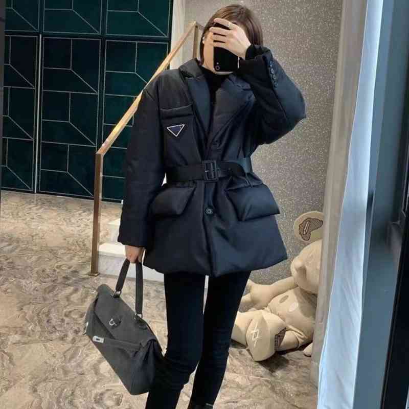 

Womens Jacket Down Coats Winter Long Coat Fashion Style With Belt Corset Lady Slim Fashion Jackets Pocket Outsize Warm Coats, Black