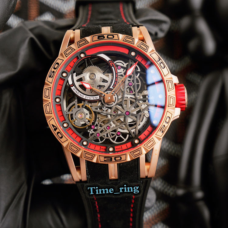 

High version RDDBEX0422 Skeleton Dial Rose Gold Steel Case Automatic Mechanical Movement Mens Watch Black Leather Strap Designer Watches, Professional waterproof