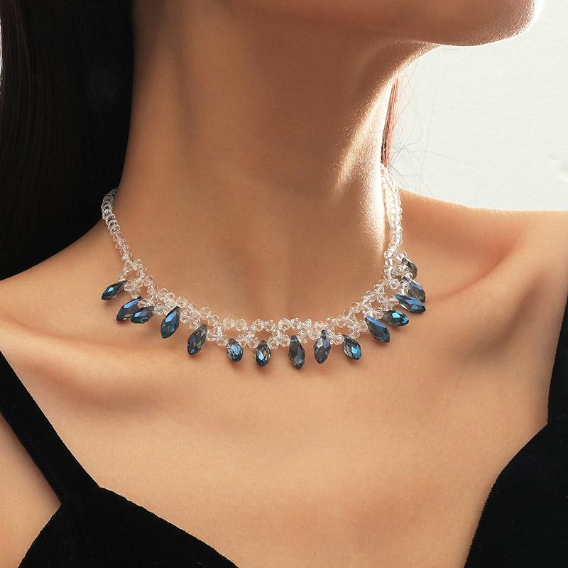 

Chokers Fashion Female Transparent Crystal Beaded Handmade Necklaces For Women Water Drop Shape Blue Pendants Necklace