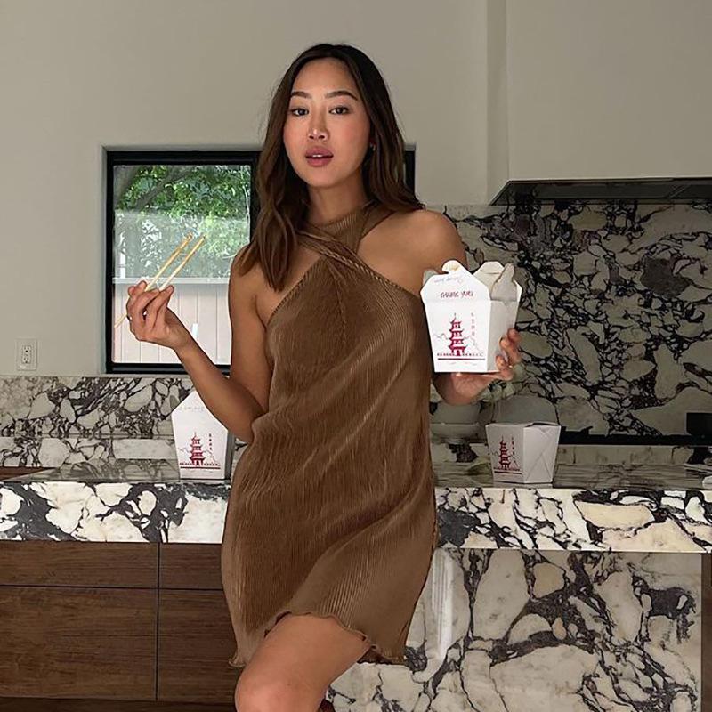 

Casual Dresses 2022 Solid Cross Halter Off Shoulder Knitting Loose Mini Dress Summer Women Fashion Party Outfits, Black;gray