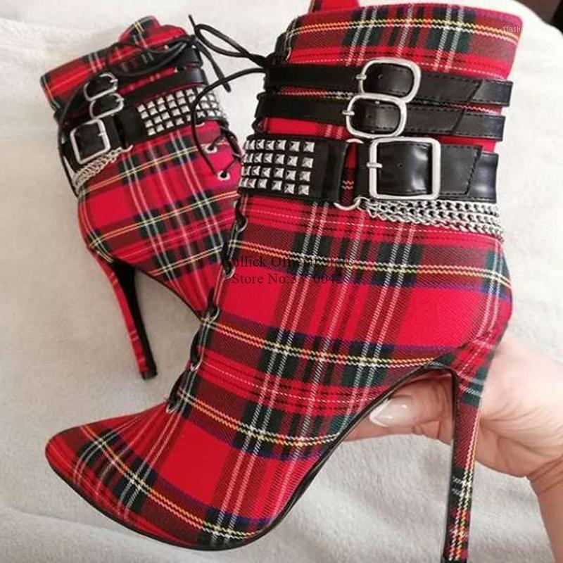 

Red Plaid Cloth High Heel Ankle Boots Buckle Strap Studded Rivets Lace-up Short Bootie Pointed Toe Stiletto Heel Dress Shoes1, Pink