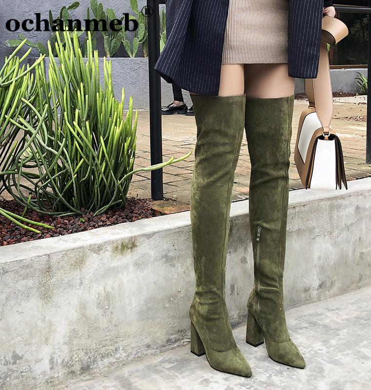 

ochanmeb newest sexy high block heels over-the-knee boots women stretch PU leather suede boots with zipper thigh shoes 48, Nofleece-suede black