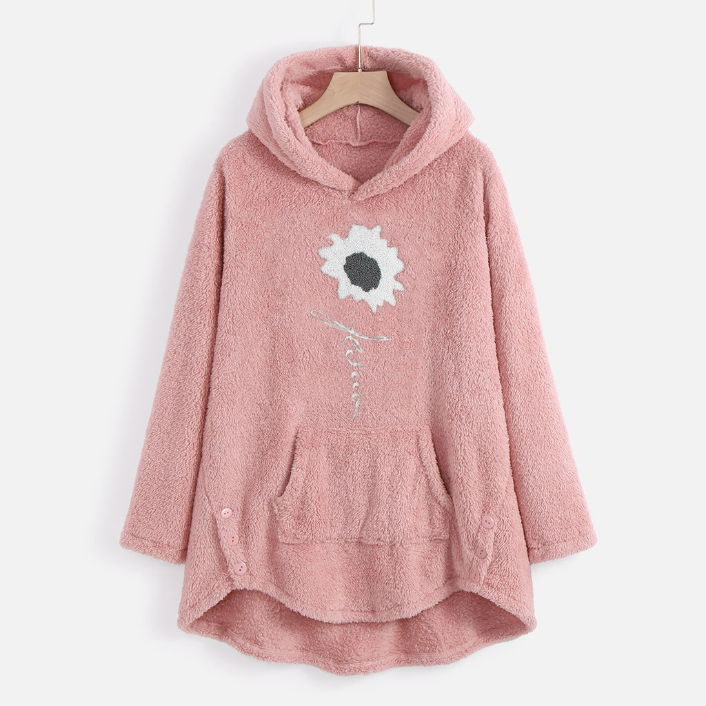 

Vintage Sweatshirt Women' Long Sleeve Autumn And Winter Pocket Plush Flower Embroidered Solid Color, Brown