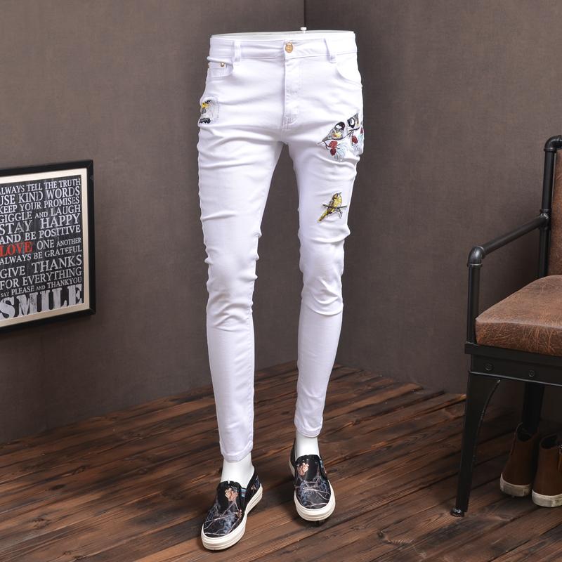 

Mens Skinny Jeans Fashion Elastic White Streetwear Bird Embroidery Jean Pants for Cowboys Men P86