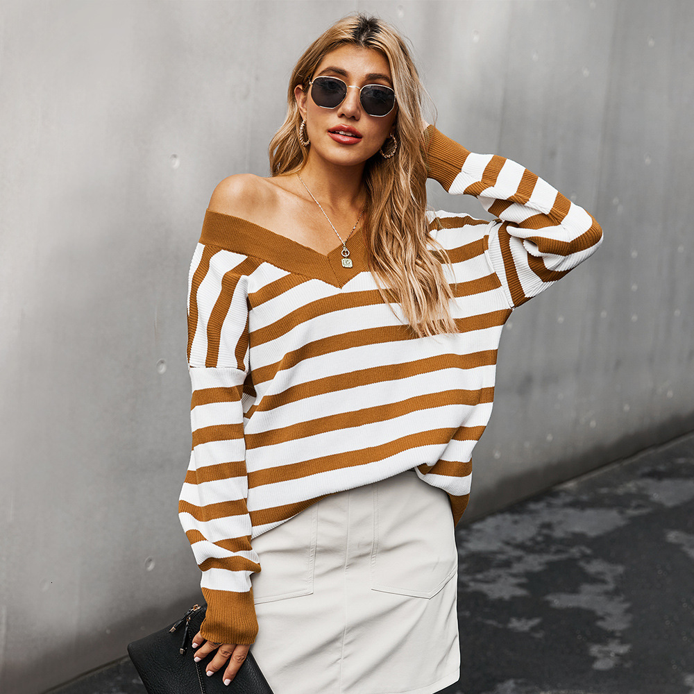 

2021 New Autumn and Winter Elegant Knitting V-neck Striped Woman's Pullover 06B6, Caramel