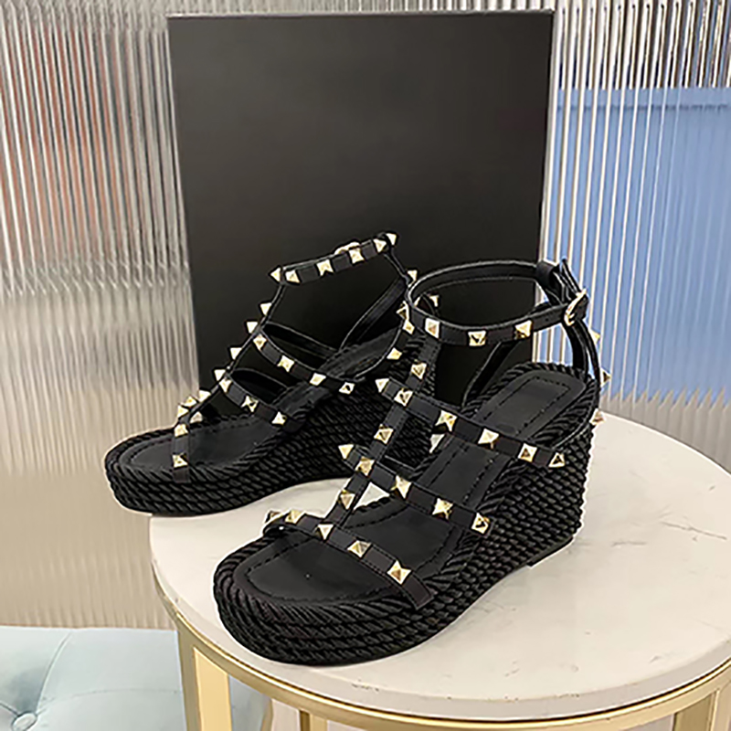 

Designer Womens Rockstud Sandals Calfskin Sandals with Wedges Sexy Rivet Lace-up High heels 9.5CM Top Quality Leather Casual Shoes, Black