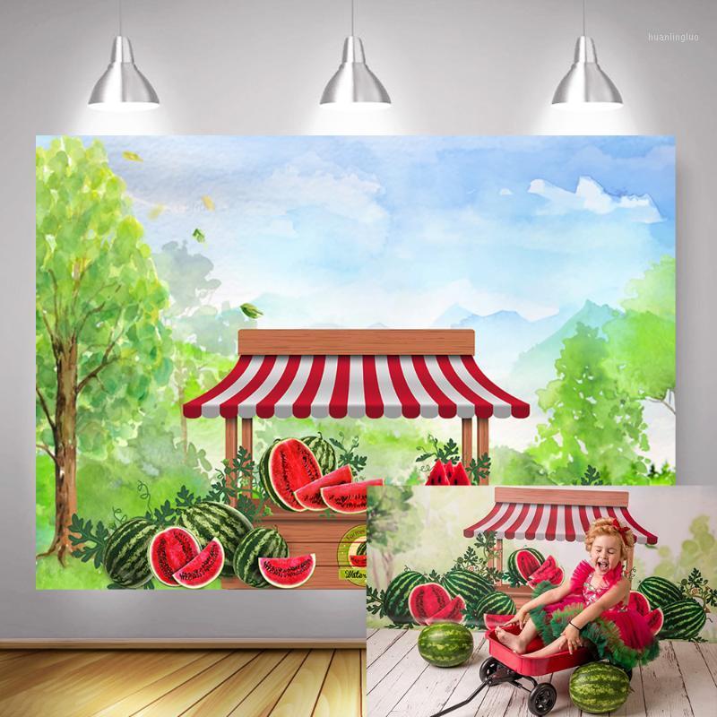 

Summer Watermelon Farmer's Market Photography Backdrop Children Birthday Background for Photo Studio Painting Green Forest1