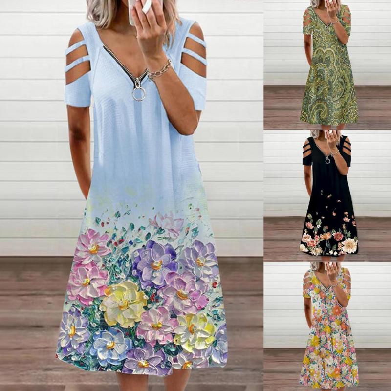 

Casual Dresses Summer Design Sense Midi Dress Floral Print V Neck Women Hollow Sleeve Zipper For Prom Female Vestidos 2022, Black;gray