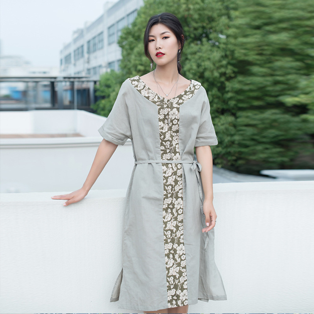 

2021 Summer National Style Vintage Cotton Linen Womens Fashion Contrast Color Stitching Split Hem Dress with Belt Xii7, Multi