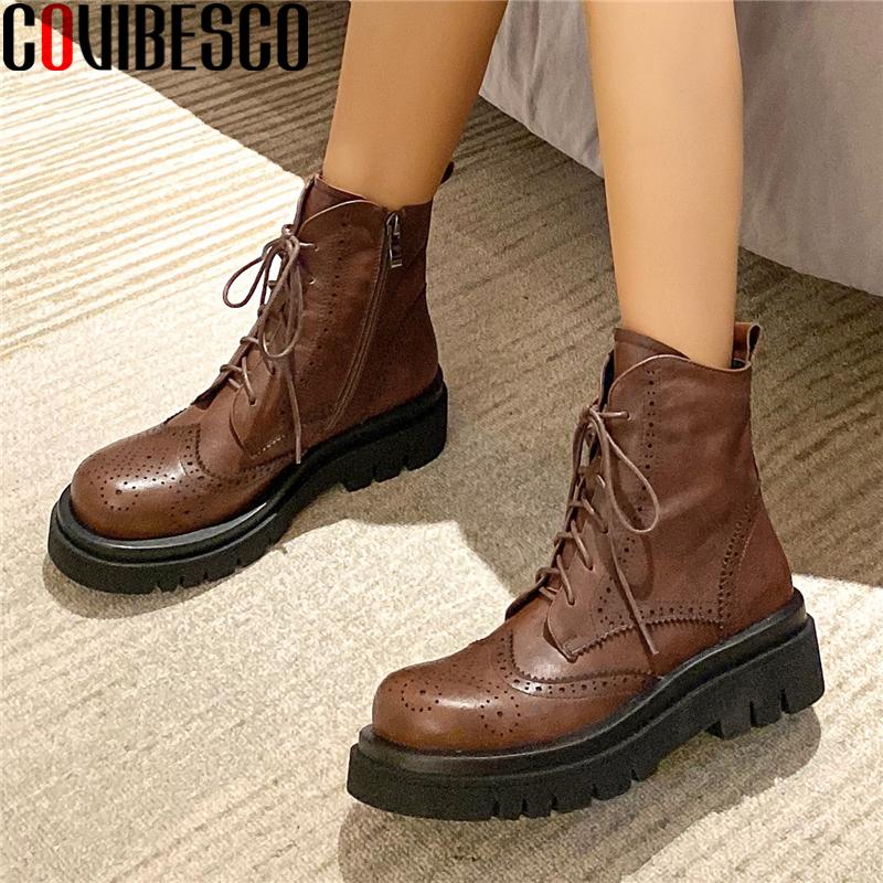 

COVIBESCO 2021 Autumn Winter New Women Ankle Boots Genuine Leather Lace-Up Shoes Woman Retro Fretwork Platforms Brogue Boots, Black