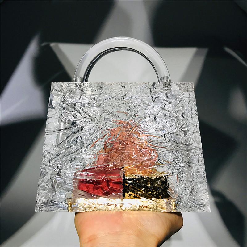 

Transparent Ice Crack Acrylic Handbags Crystal Clear Acrylic Clutch Bags Hot Designer Bucket Bag Transparent Dinner Bags With Acrylic Chain