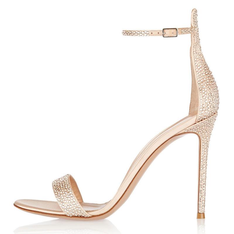 

Sexy Sandals Women 2020 New High Heel Shoes Ankle Buckle Fashion Party Shoes Female Genuine Leather Crystal Open Toe Gold, Champagne
