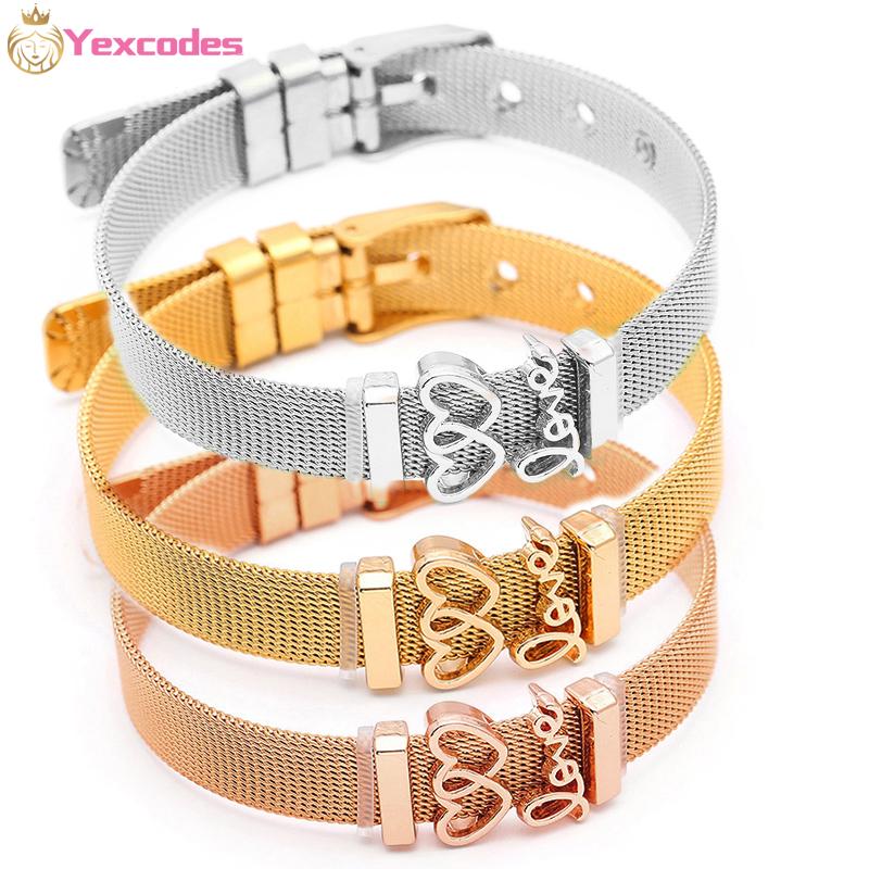 

Charm Bracelets Mesh Bracelet Set Love Heart Fine Bangle Stainless Steel Fashion For Woman Jewelry Gift Adjustable Gold Color 30g
