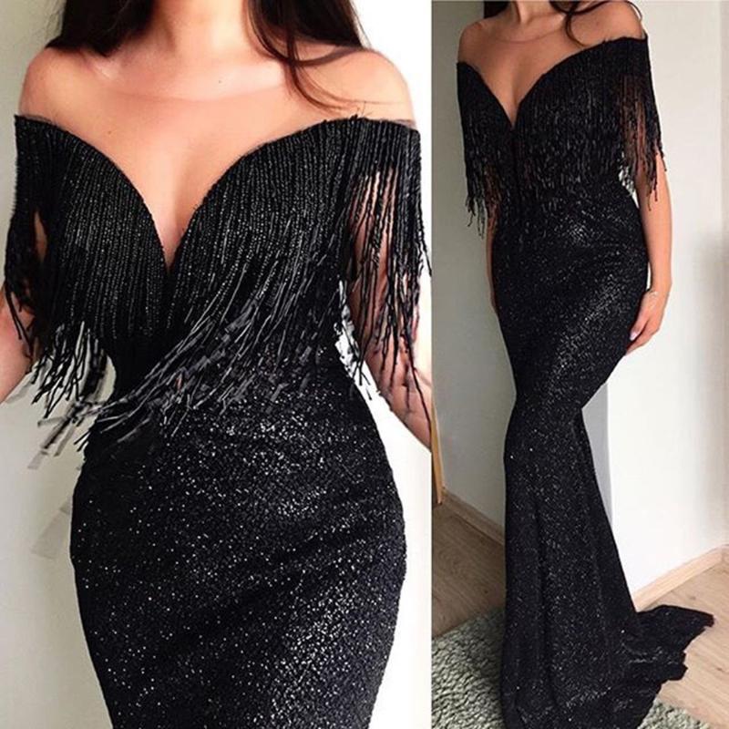 

Sexy Deep V-neck Long Maxi Dress Women Off Shoulder Slim Sequin Fringe Evening Bride Gowns Black Party Dress Floor-length Skinny
