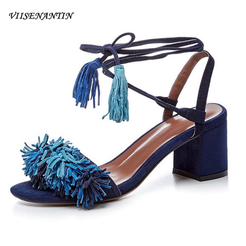 

Fashion Genuine Leather Open Toe All-match Thick High Heel Fairy Party Sandals Summer New Style Tassel Strap Beach Holiday Shoes, Green