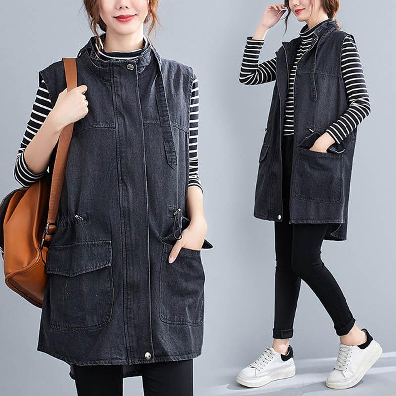 

Oversize cotton long denim waistcoat women plus size bust 150cm  7XL 8XL 9XL safari style stand collar denim waistcoat women, Black