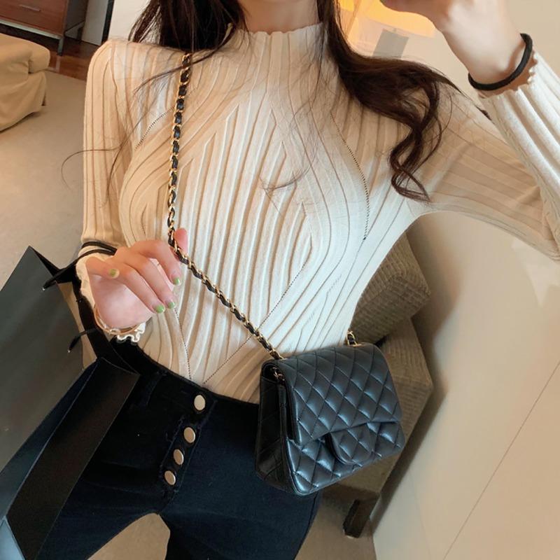 

Lady Casual Long Sleeve Half High Collar Slim Bottom Sweater Women Autumn Winter Solid Color Slim Sweaters, Black