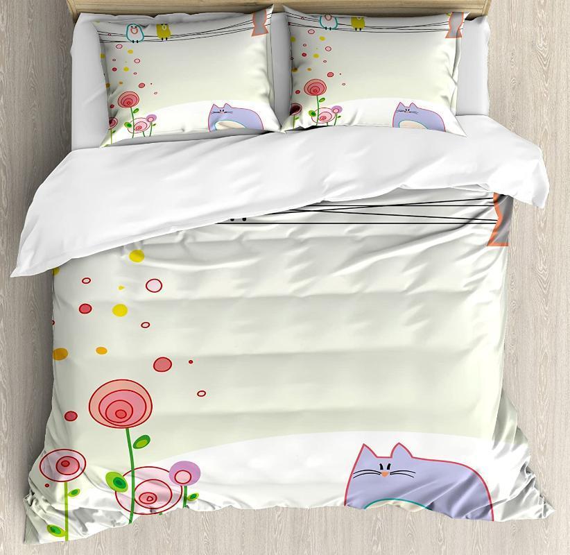 

Toddler Duvet Cover Set Cute Childrens Drawing Style Bird and Cat Figures with Flourishing Spring Flowers Bedding Set Multicolor1, As pic