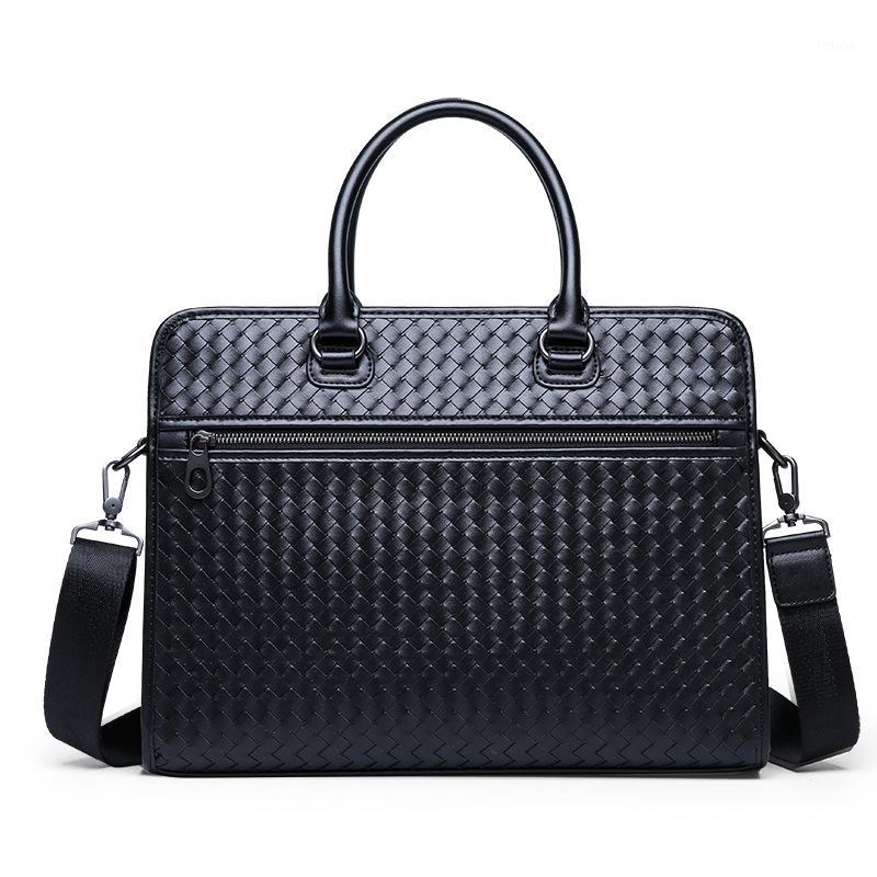 

New Design Men's Business Briefcase Woven Handbag Male Shoulder Cross Body Bag Laptop Messenger Bag Travel for Man1, Black