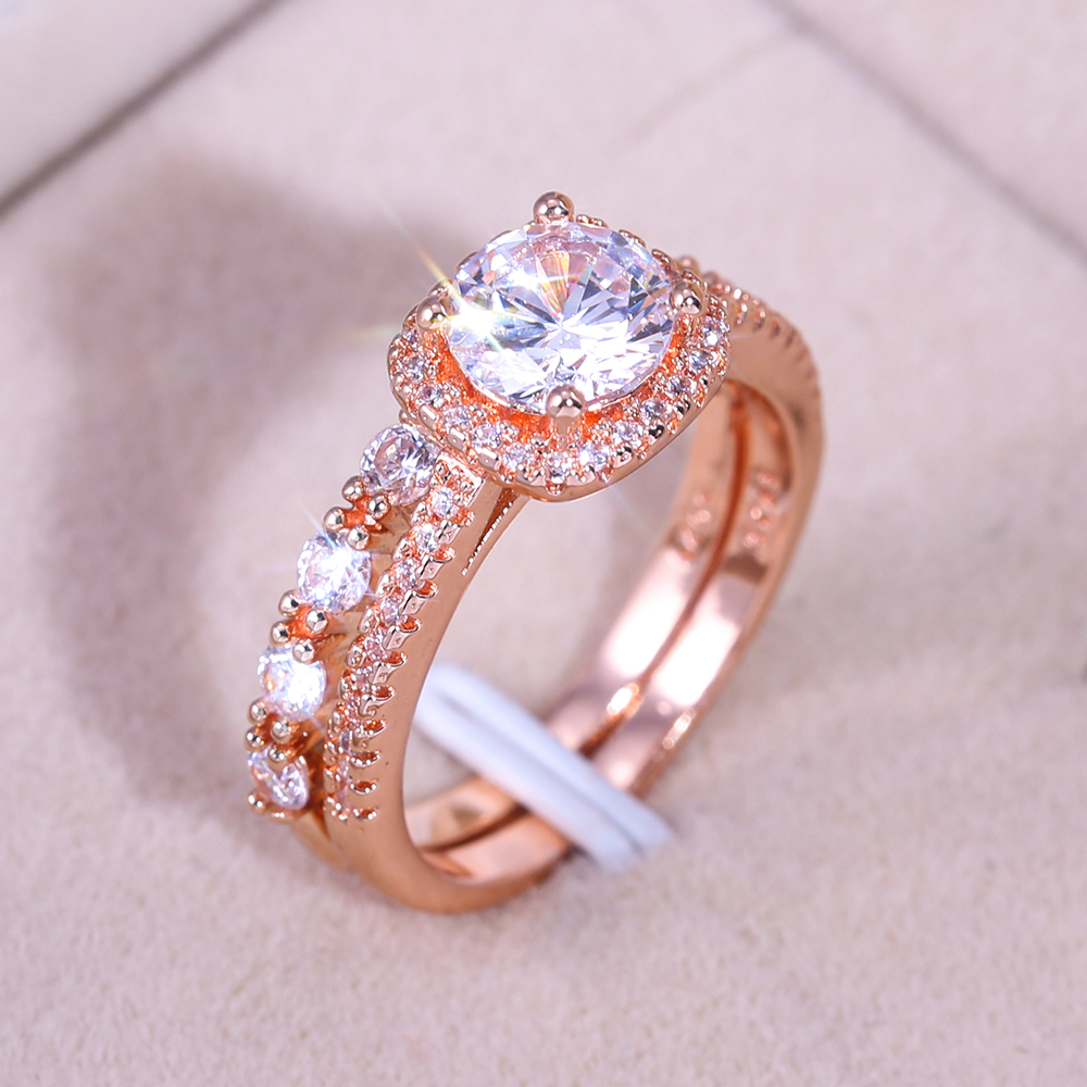 

Februaryfrost Brand Bridal Ring Sets Romantic Rose Gold Color Surprise Anniversary Gift For Wife Micro Paved Dazzling CZ Stone Rings